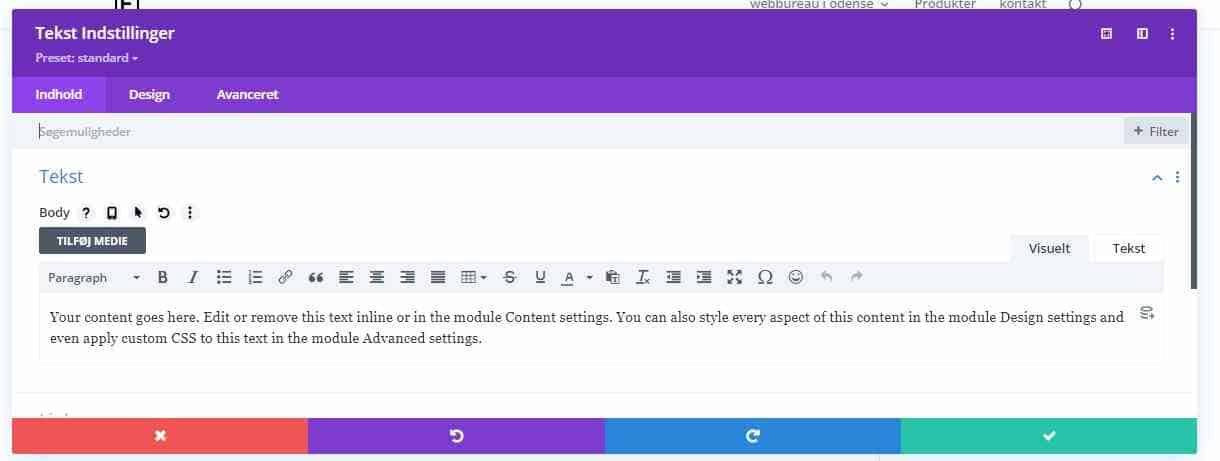 Tekstmodul i Divi Pagebuilder