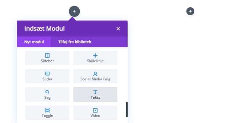 Valg af tekstmodul i Divi