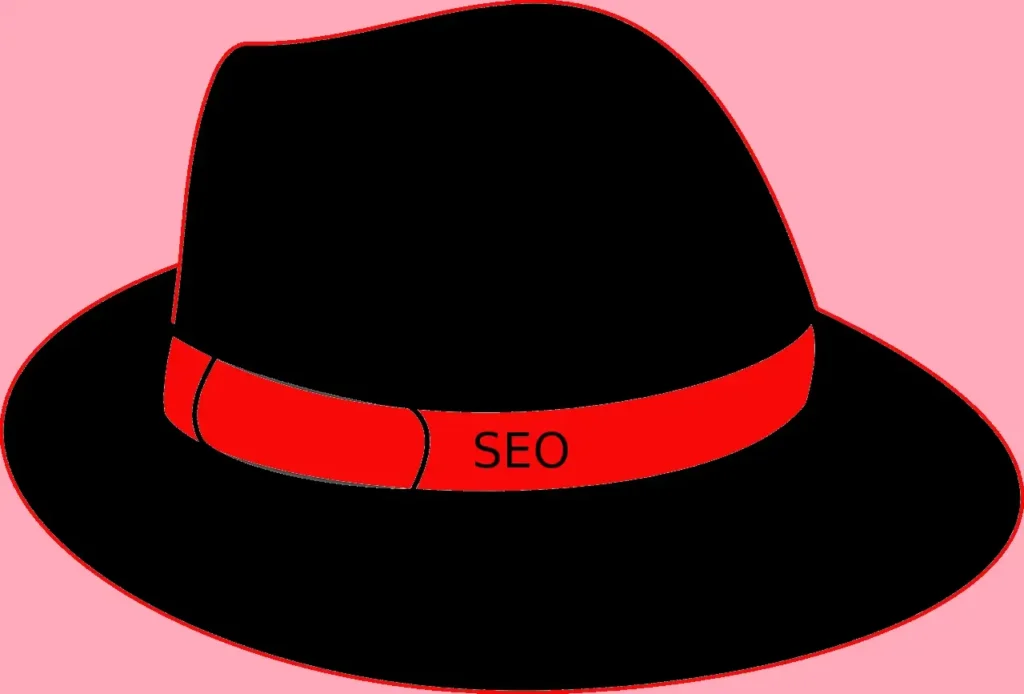 Black hat SEO - Tegning af en sort hat med et rødt bånd ,e teksten SEO